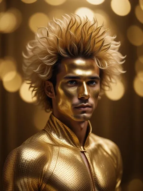 cinematic photo art by Chad Knight, felt tip pen drawing of a man with Gold skin, Impressionist hair, Hazy conditions, equirectangular 360, Ultrarealistic, Depth of field 270mm . 35mm photograph, film, bokeh, professional, 4k, highly detailed