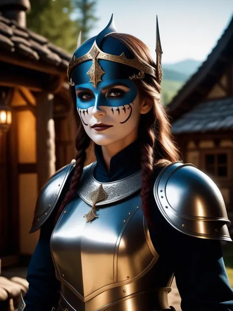 cinematic photo (art by Chris Leib:0.8) , rendered in autodesk 3ds max of a Narrow woman knight, 🥰, Slovak Circlet, Fantasy Face Paint, inside a Cottage, Cel shading, complementary colors . 35mm photograph, film, bokeh, professional, 4k, highly detailed