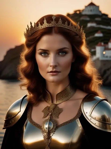 cinematic photo art by Tom Chambers, 70s illustration style of a Regal woman knight visiting The Island of the Sirens, Greedy hair, Layered cut hairstyle, at Dusk, Bokeh, Letterism . 35mm photograph, film, bokeh, professional, 4k, highly detailed