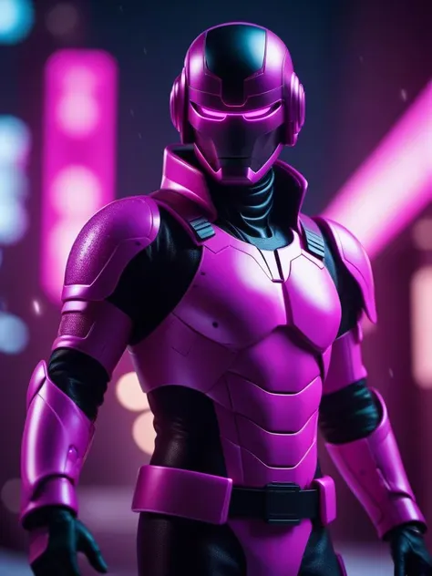 cinematic photo decoupage technique of a surreal, man, 🤖, Battle pose, Winter, Ultrarealistic, Depth of field 270mm, Magenta neon hue, [art by Rene Magritte,art by Kenne Gregoire:15] . 35mm photograph, film, bokeh, professional, 4k, highly detailed