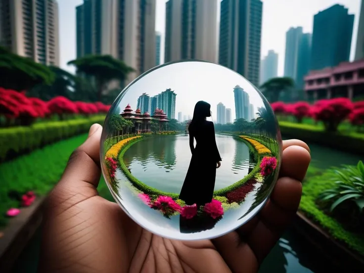 cinematic photo papercut art of a Nu Goth Art, landscape of a Caring Mumbai from inside of The Water Gardens of Dorne, Funny flower field, Winter, Hopeful, hard light, Fish-eye Lens, Fujifilm Superia, National Geographic, professional . 35mm photograph, film, bokeh, professional, 4k, highly detailed