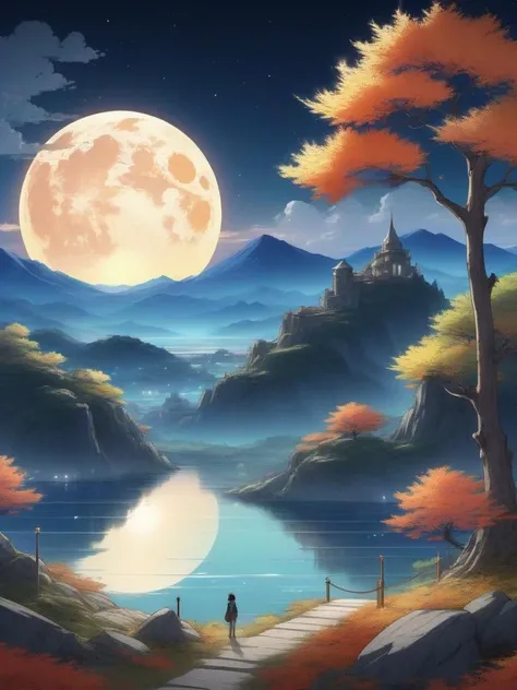 anime artwork [ (art by Michael Hutter:1.3) |art by Leonor Fini| (art by John Reuss:0.8) ], Byzantine Icon of a landscape of a Fresh Oblivion and Candid Nature, Fall, Sad, Moonlight, Desaturated . anime style, key visual, vibrant, studio anime, highly detailed