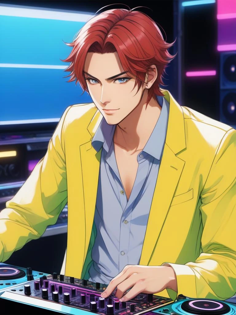 anime artwork art by Edwin Austin Abbey, drawn in MS paint of a Aesthetically Pleasing Male, DJing, looking to the side, split diopter, Suffering, 35mm, Instax . anime style, key visual, vibrant, studio anime, highly detailed