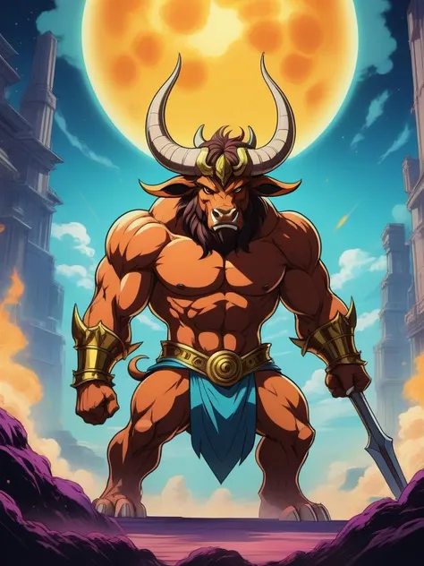 anime artwork Retro comic style artwork of a Surrealism Art, elegant, monster Minotaur, Anime screencap, 35mm . anime style, key visual, vibrant, studio anime, highly detailed