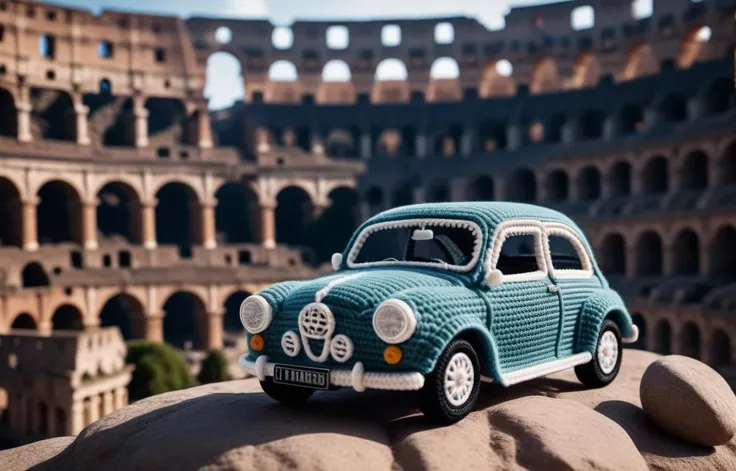 cinematic photo Crochet doll of a Gaelic car of Darkness, background is Elevated Colosseum, at Overcast, Screen print . 35mm photograph, film, bokeh, professional, 4k, highly detailed