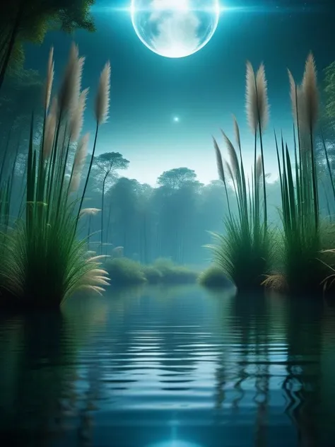 cinematic photo hologram of a reeds and forest, Elastic Asteroid, Ultra Real, cosmic energy, art by Igor Morski . 35mm photograph, film, bokeh, professional, 4k, highly detailed
