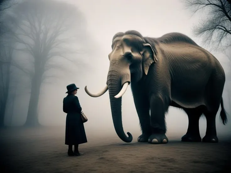 analog film photo Historical Photo of a Affectionate Mastodon, Foggy conditions, soft focus, Art Brut, soft lighting, film grain, Nikon d3300, F/14, two colors . faded film, desaturated, 35mm photo, grainy, vignette, vintage, Kodachrome, Lomography, stained, highly detailed, found footage