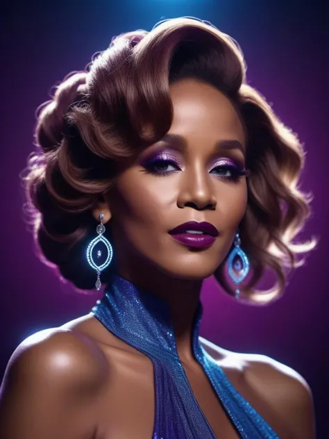 cinematic photo swirling line drawing of a Radiant Tunisian Whitney Houston, Lector, Casting magic pose, Braided bun hair, Tremendous Tattoos, Lip Ring, Kappa Eyes, Layered deep purple background, split diopter, fluorescent blue and Burgundy flakes . 35mm photograph, film, bokeh, professional, 4k, highly detailed