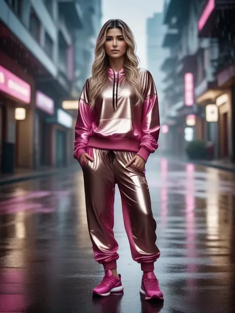 cinematic photo art by Tetsuya Nomura, decoupage technique of a highly detailed, Frosted Bosnian Woman, wearing Symbolic Bronze Track pants, Balayage hair, Empire Toe Ring, Raining, Neutral and dark pink hue . 35mm photograph, film, bokeh, professional, 4k, highly detailed