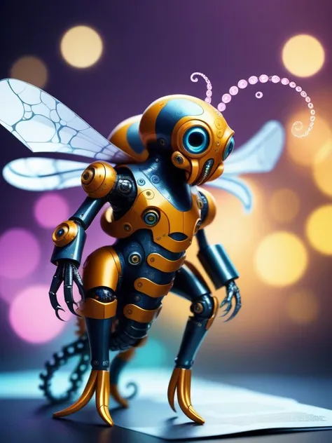 concept art Paper clippings Art of a Cyborg [Bee:Octopus:5], simple background, Bokeh, Graphic novel, Confused, Gloompunk, Depth of field 100mm, Low Contrast, glittering, Light sparkles . digital artwork, illustrative, painterly, matte painting, highly detailed