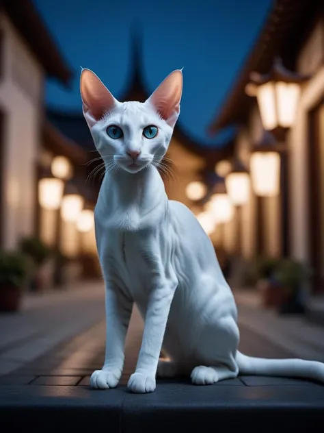 cinematic photo Marble Statue of a [Nutty:Cyborg:17] Dwarf of Doom, Zany No makeup, Candid Oriental Shorthair Cat Tail, at Blue hour, Horror, L USM, Albumen . 35mm photograph, film, bokeh, professional, 4k, highly detailed