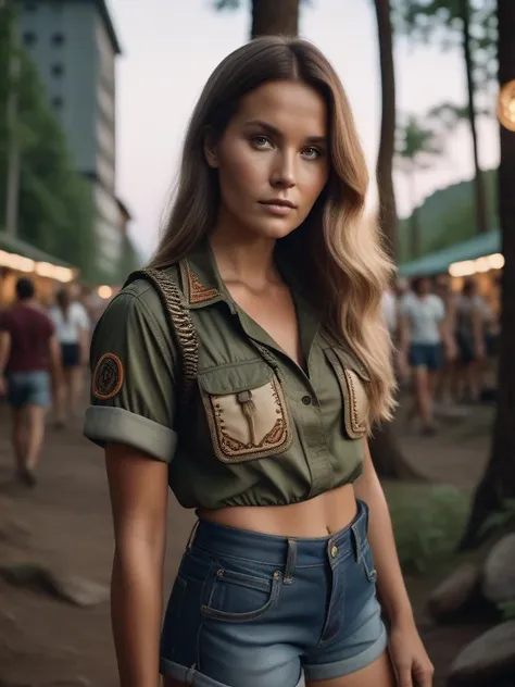 cinematic photo art by Kitty Lange Kielland, alebrije art of a Romantic rotund Parent, wearing Worn-Out Cargo shorts, Long hairstyle, [city|forest], Cobra, 35mm . 35mm photograph, film, bokeh, professional, 4k, highly detailed