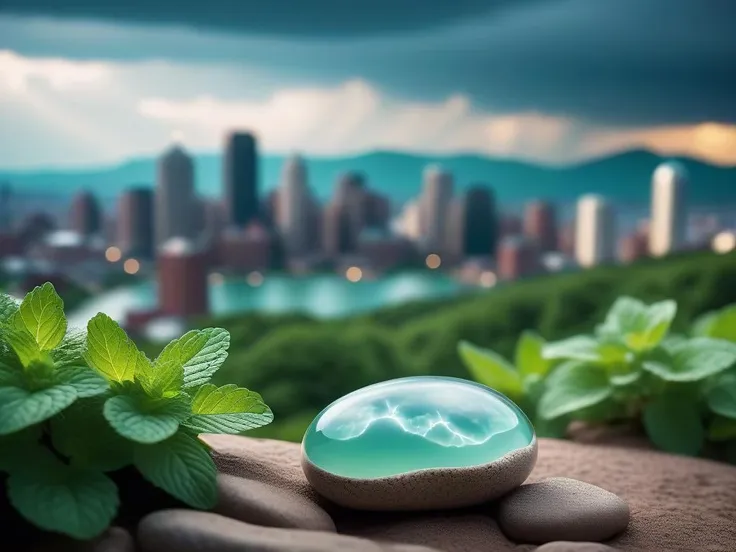 cinematic photo pebble art of a Mint green space, "In the symphony of nature, every creature finds its voice, harmonizing in the grand chorus of existence.", Doubtful Boston in background, Thunderstorm, Illustration, Stonepunk, Selective focus, Colorful . 35mm photograph, film, bokeh, professional, 4k, highly detailed