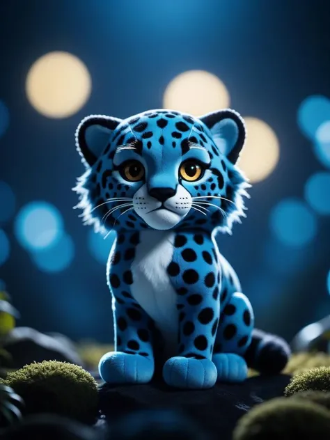 cinematic photo (art by Eyvind Earle:0.8) , plush toy of a Weirdcore, Revealing Infected "Can't fight the moonlight, no, you can't fight it.", at Overcast, Bokeh, Depth of field 100mm, deep blue palette, cheetah print splash, artstation . 35mm photograph, film, bokeh, professional, 4k, highly detailed