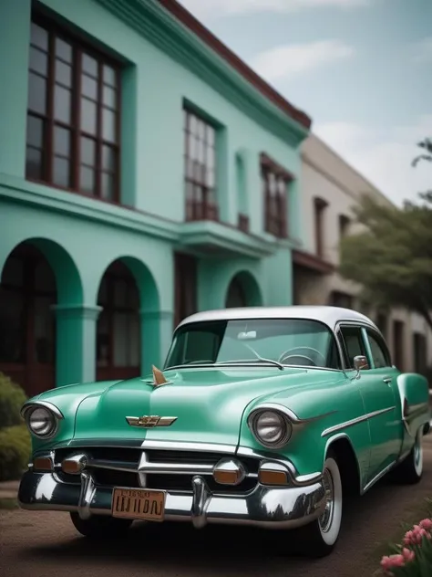 cinematic photo art by Mab Graves, (art by Mort Knstler:0.8) , (art by Gustave Courbet:1.3) , alebrije art of a intricate details, [Average:Elusive:18] wabi-sabi Chevrolet, Dumb details, Tulip in background, deep focus, Satisfying, Brutalist, Indirect light, Selective focus, Mint green and Silver neon hue . 35mm photograph, film, bokeh, professional, 4k, highly detailed