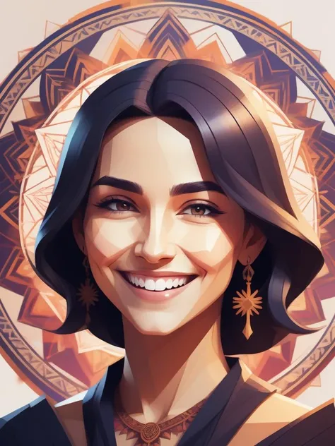 concept art [art by Maurice Utrillo, (art by Oleg Oprisco:0.7) ::2], low-poly drawing of a Crude European Woman, shallow depth of field, Smiling, L USM, bold lettering, Mandala . digital artwork, illustrative, painterly, matte painting, highly detailed