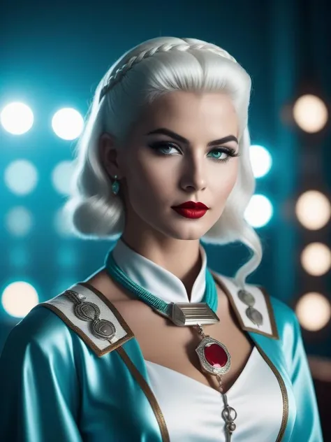 cinematic photo art by Thomas Dodd, Raw digital photo, rendered in octane of a Stirring Inca Female, Chaplain, White hair, Decorative Lipstick, 1950S Suburbia Braces, Passionate Health club in background, horizon-centered, Yuccie Art, Cyan and Pearlescent hue . 35mm photograph, film, bokeh, professional, 4k, highly detailed