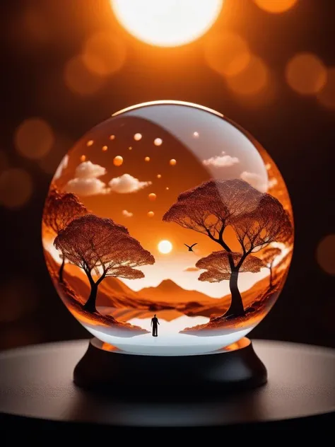 cinematic photo fused glass art of a Simple Cute "The creation of the world", Sun in the sky, Bokeh, Ultrarealistic, Guilty, 50mm, anaglyph filter, deep orange and dark white fractal art . 35mm photograph, film, bokeh, professional, 4k, highly detailed