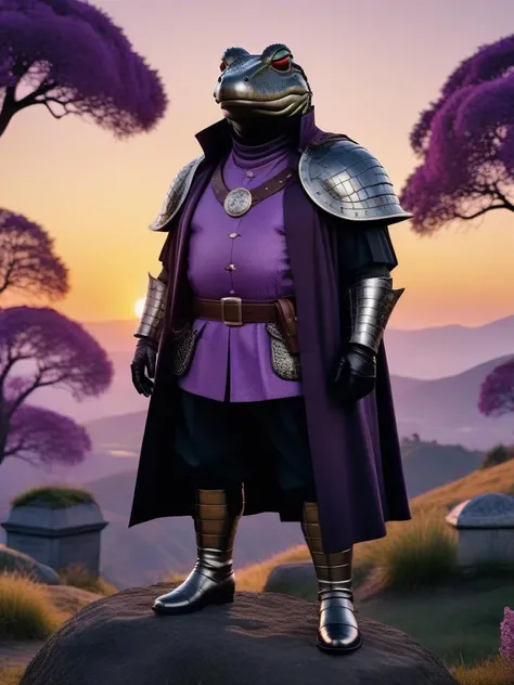 cinematic photo woodblock print of a Avant-Garde portly man knight, Grave robber, highly detailed, wearing Dumb Gator skin Culottes, Bald Level hair, Amphibian Eyes, hillside with Lilac, at Sunset, Rough sketch, Low shutter, Ektachrome . 35mm photograph, film, bokeh, professional, 4k, highly detailed