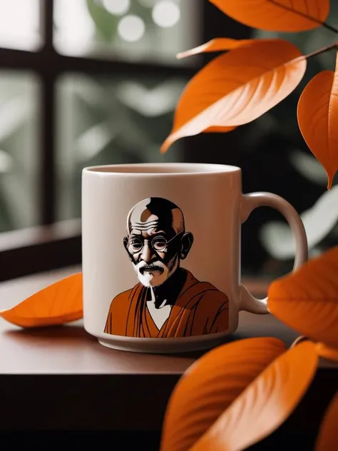 cinematic photo (art by Harriet Lee-Merrion:0.7) , (art by Huang Guangjian:0.8) , a ceramic coffee mug of a dark orange foliage, Deeply Thoughtful Mean Mahatma Gandhi, Designer, shallow depth of field, Hopeful, waning light, key visual, absurdres . 35mm photograph, film, bokeh, professional, 4k, highly detailed