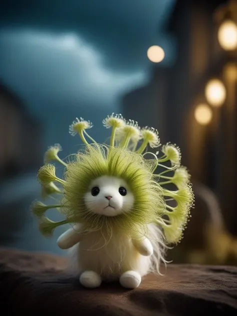 cinematic photo (art by Susan Seddon Boulet:1.0) , plush toy of a Frantic Ignorant Sardinian fennel, Stormy weather, shallow depth of field, Rough sketch, hair light . 35mm photograph, film, bokeh, professional, 4k, highly detailed