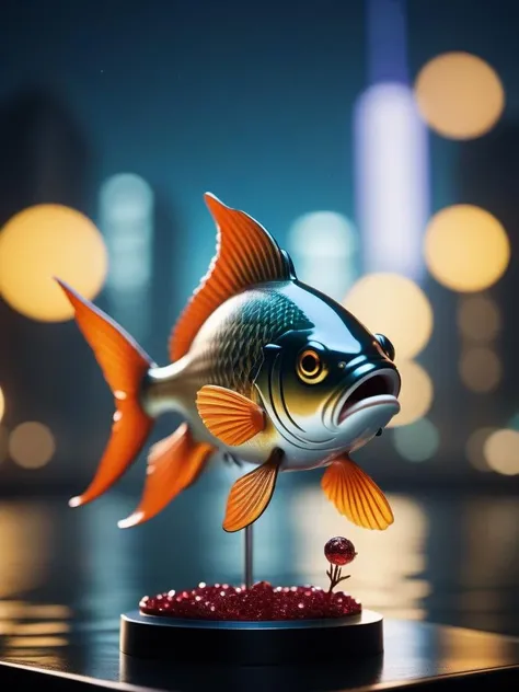 cinematic photo (art by Greg Simkins:1.0) ,art by Lorser Feitelson, Plastic Action Figure of a Award-Winning Balanced Fish, nature and cityscape, Hopeless, Action Painting, telephoto lens, glitter texture . 35mm photograph, film, bokeh, professional, 4k, highly detailed