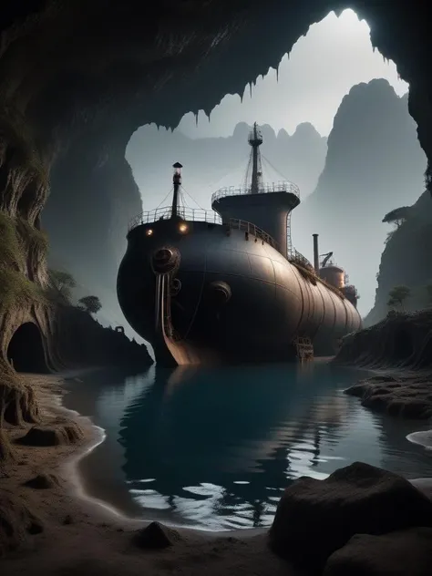 cinematic photo art by Joel Rea, Papier-mache figure of a landscape of a Rickety Caves and Twisted Oil tanker, at Overcast, cinematic lighting, Circular polarizer, unreal engine . 35mm photograph, film, bokeh, professional, 4k, highly detailed