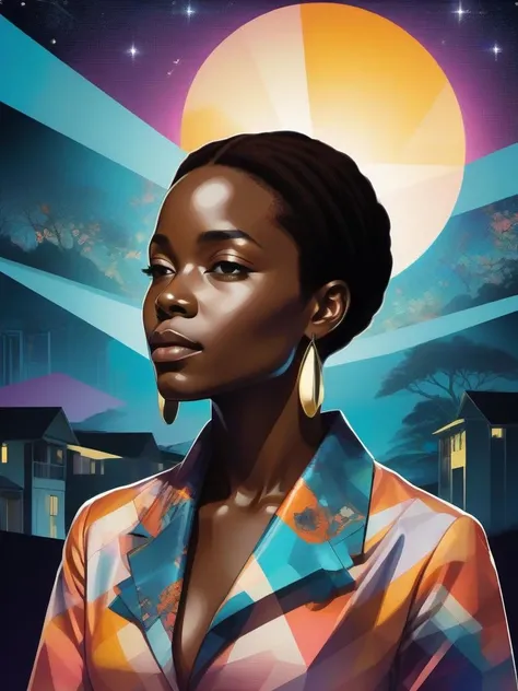 concept art art by Njideka Akunyili Crosby, (art by Michael Page:1.0) , tilt and drip drawing of a Hospitable "The Sound of Light", shallow depth of field, Illustration, Geometric Style, Starlight, F/5, Vivid Colors . digital artwork, illustrative, painterly, matte painting, highly detailed
