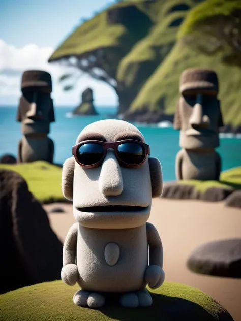 cinematic photo [art by Lori Earley, (art by Charles-Francois Daubigny:1.2) :9], a felt muppet of a Magnificent Dominican Lake House, detailed with Quartz patterns, Dynamic The Moai of Easter Island in background, Primitivism Art, sloppy strokes . 35mm photograph, film, bokeh, professional, 4k, highly detailed