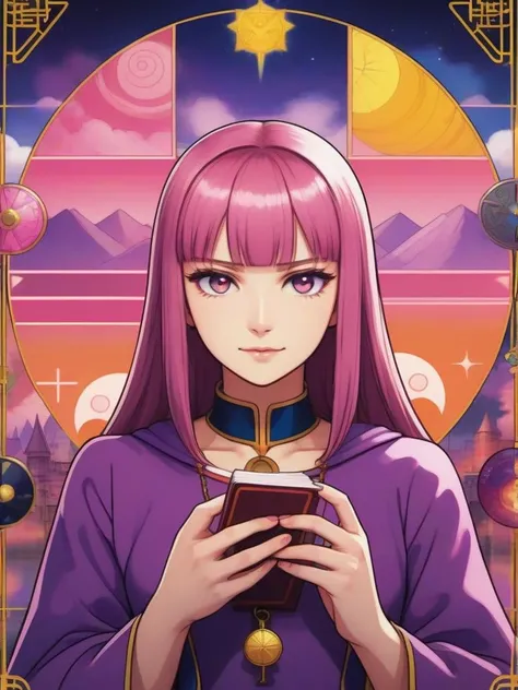 anime artwork Tarot card of a (Mauve theme:0.7) , [Seductive:Offensive:6] "I'm a sinner, I'm a saint, I'm a monster in the night.", surreal, Angry, macro lens, Lomography, High quality, 8K, art by Paul Klee,art by Nathan Spoor,art by Storm Thorgerson . anime style, key visual, vibrant, studio anime, highly detailed