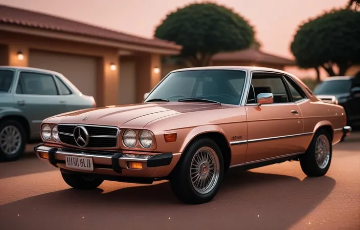 cinematic photo art by Cliff Chiang, magic the gathering artwork of a Sharp Nigerian car, intricate details, (Peach theme:0.7) , Summer, soft focus, Light sparkles . 35mm photograph, film, bokeh, professional, 4k, highly detailed