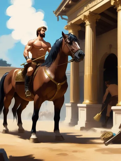 concept art Gopro footage of a Warm "Hercules Cleaning the Augean Stables", at Midday, Happy, cinematic lighting, 800mm lens, Cinestill, cosmic energy, art by douard Manet . digital artwork, illustrative, painterly, matte painting, highly detailed