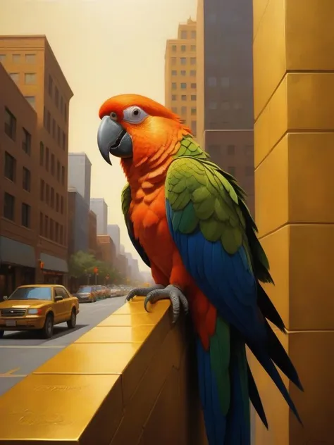 (art by Jeffrey T. Larson:1.2) , relief art of a Abominable Aesthetically Pleasing Parrot, Tangible background, Cel shading, Gold hue, "Footprints on the city streets, a symphony of bustling lives, intertwining in the mosaic of urban existence."
