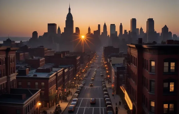 cinematic photo (art by John French Sloan:0.9) , Asemblage art of a Inconsiderate city, at Sunrise, Ultra Detailed . 35mm photograph, film, bokeh, professional, 4k, highly detailed