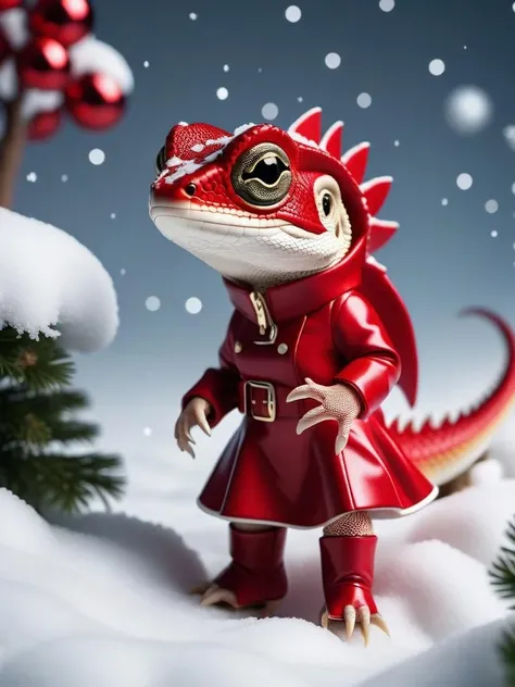 cinematic photo [art by Isaiah Zagar| (art by Rob Gonsalves:1.2) | (art by Tom Chambers:0.8) ], Isometric 3D of a Unadvised Lizard, wearing Red snapper-style Mini dress and ankle boots, plain background, Snowy, Ultra Detailed, Britpop, Flickr . 35mm photograph, film, bokeh, professional, 4k, highly detailed