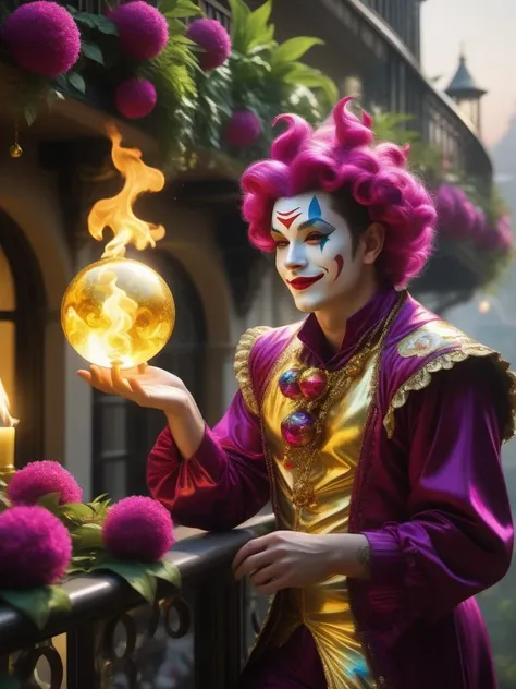 extravagant multi-colored jester relaxing lavish balcony greenery dressed garb effortlessly juggling flaming orbs , photorealistic, atmospheric, glow, focus, warm, elaborate, floral, ornate , nostalgic, timeless, romantic, dramatic, graceful, whimsical ,fantasy ,gorgeous, balanced, cinematic , luxurious, decorative, 4k, concept art, trending on artstation, hyper-detailed,illustrative, gold,magenta ,forestglow, by James Jean,glowing ,Greg Rutkowski,Johnson Tsai