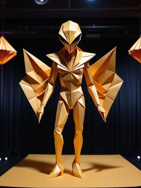 origami style 👽 alien karaoke 🎤 🎶; ((( "open mic night"))) , on the improve stage, detailed night club. 200 mp photograph , golden ratio , masterpiece. . paper art, pleated paper, folded, origami art, pleats, cut and fold, centered composition