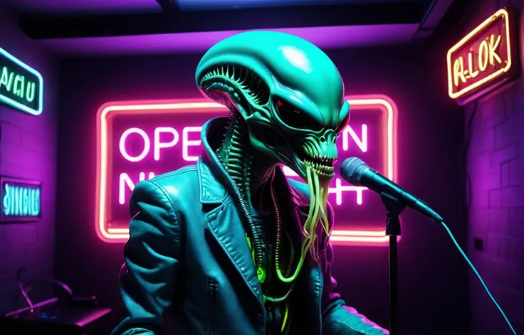 Style: Neon Punk, 👽 alien xenomorph squid reptilian gray; singing karaoke 🎤 🎶; ((( neon sign words "open mic night"))) , on the improve stage, detailed 3060 era night club. 200 mp photograph , golden ratio , masterpiece.

Sampler: DPM++ 2M SDE Karras