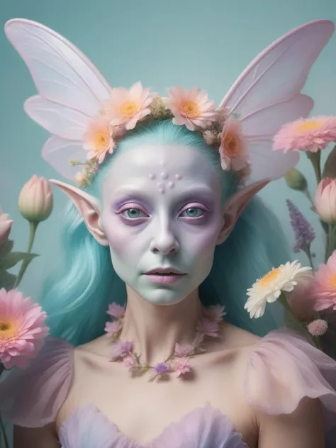 a hyper-real photo portrait as an alien dressed as a fairy, pastel colours, lots of flowers, photo real, high quality, 8k, studio setting