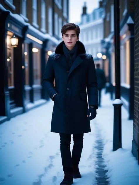cinematic photo A boy walking in london streets, (snow:1.4), (realistic:1.4) . 35mm photograph, film, bokeh, professional, 4k, highly detailed