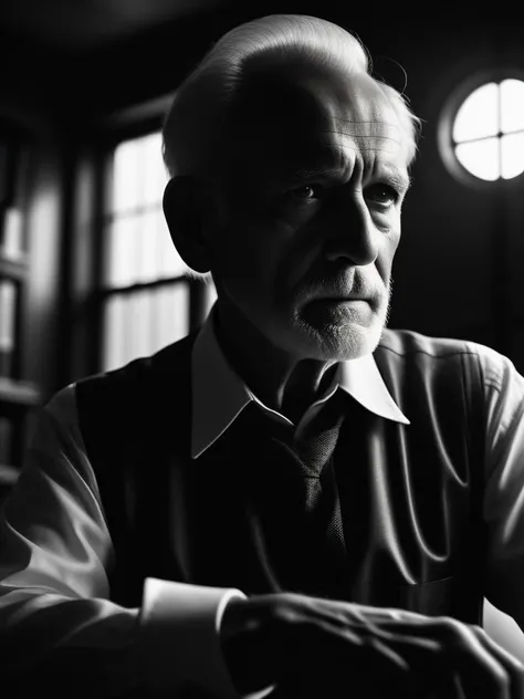 cinematic photo Sad old man in a big dark old study room, dusty, dingy, dreamy lights coming from a small window, black and white photography, retrolux and noir effects in Photoshop editing, sans serif style font text wrap in the left side of the shirt of the old man as text overlay, magazine page design, modern graphic design, art magazine, sharp focus, intricate details, hyper realism. . 35mm photograph, film, bokeh, professional, 4k, highly detailed