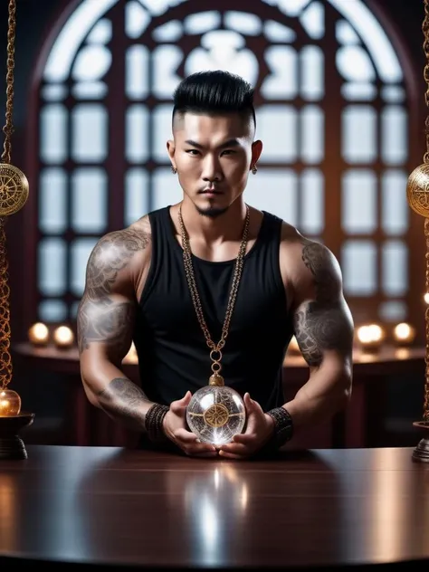 cinematic photo Extrem muscular looking asian guy with a lot of tattoos and unusual tattoos on his head, He is holding a pendulum with a crystal over a big round table with zodiac signs around them, mysterious atmosphere . 35mm photograph, film, bokeh, professional, 4k, highly detailed