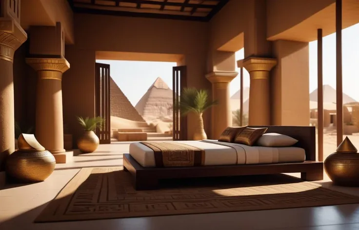 cinematic photo ancient egypt concept homes, interior architectural design rendering, cozy . 35mm photograph, film, bokeh, professional, 4k, highly detailed