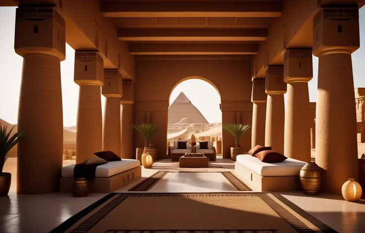 cinematic photo ancient egypt concept homes, interior architectural design rendering, cozy . 35mm photograph, film, bokeh, professional, 4k, highly detailed