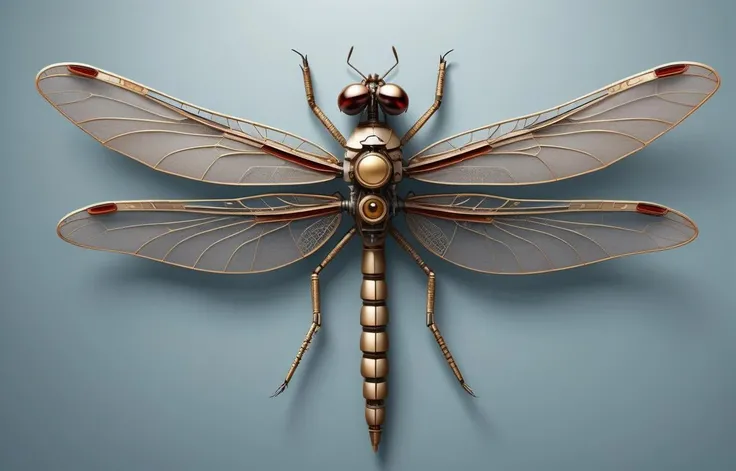 mechanical dragonfly with big wings, top view, photo realistic,