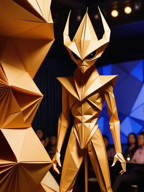 origami style 👽 alien karaoke 🎤 🎶; ((( "open mic night"))) , on the improve stage, detailed night club. 200 mp photograph , golden ratio , masterpiece. . paper art, pleated paper, folded, origami art, pleats, cut and fold, centered composition