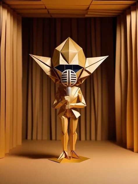 origami style 👽 alien karaoke 🎤 🎶; ((( "open mic night"))) , on the improve stage, detailed night club. 200 mp photograph , golden ratio , masterpiece. . paper art, pleated paper, folded, origami art, pleats, cut and fold, centered composition