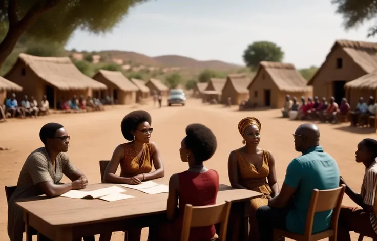cinematic film still a landscape cartoon-style image of an afrocentric community mapping out community resources during a villagemeeting. women, children, and men in focus group discussion. in the background show the village setting with semi-permanent structures . shallow depth of field, vignette, highly detailed, high budget Hollywood movie, bokeh, cinemascope, moody, epic, gorgeous, film grain, grainy