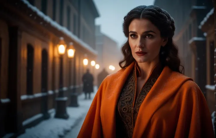cinematic film still fresco art of a Horrifying Georgian movie, intricate details, Snowing, Smug, Cryptidcore, fluorescent orange palette, absurdres . shallow depth of field, vignette, highly detailed, high budget Hollywood movie, bokeh, cinemascope, moody, epic, gorgeous, film grain, grainy