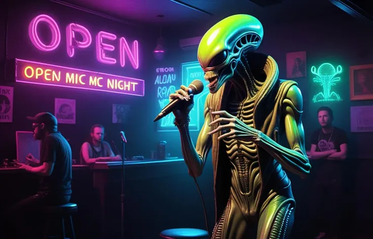 Style: Neon Punk, 👽 alien xenomorph squid reptilian gray; singing karaoke 🎤 🎶; ((( neon sign words "open mic night"))) , on the improve stage, detailed 3060 era night club. 200 mp photograph , golden ratio , masterpiece.